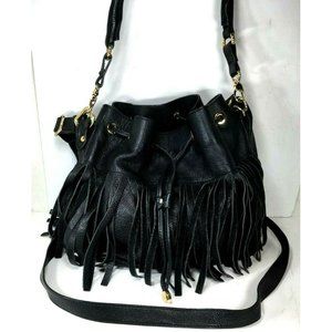 MY CHOICE Black Leather Fringe Drawstring Crossbody Shoulder Bag – Made In Italy